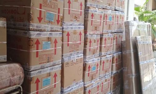 Euro Packers and Movers team stacking heavy-duty cardboard boxes neatly in an apartment walkway before loading