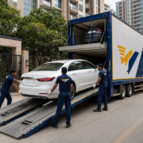 Reliable car transport services in Kolkata using secure car carrier trucks.