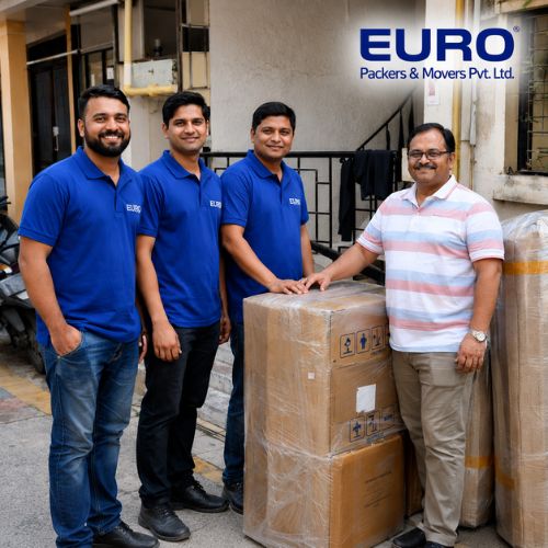 EURO Packers and Movers in Kolkata team with customer and securely packed household items during professional home relocation service.