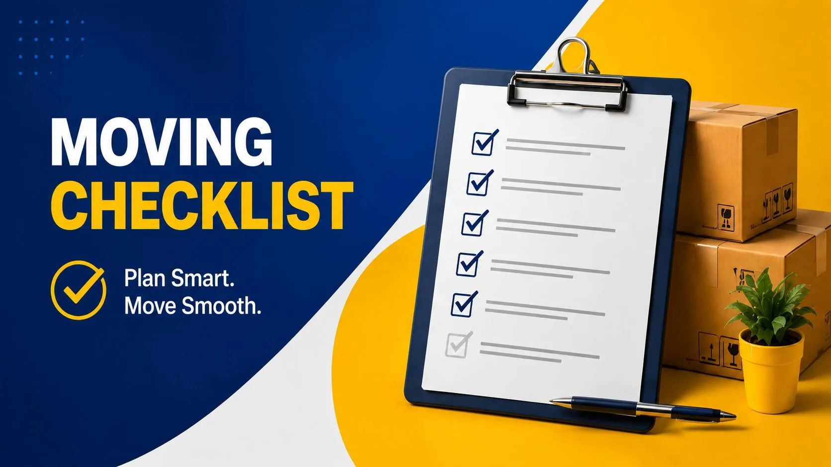 Moving checklist for house shifting showing relocation planning steps, packing schedule, and moving day preparation.