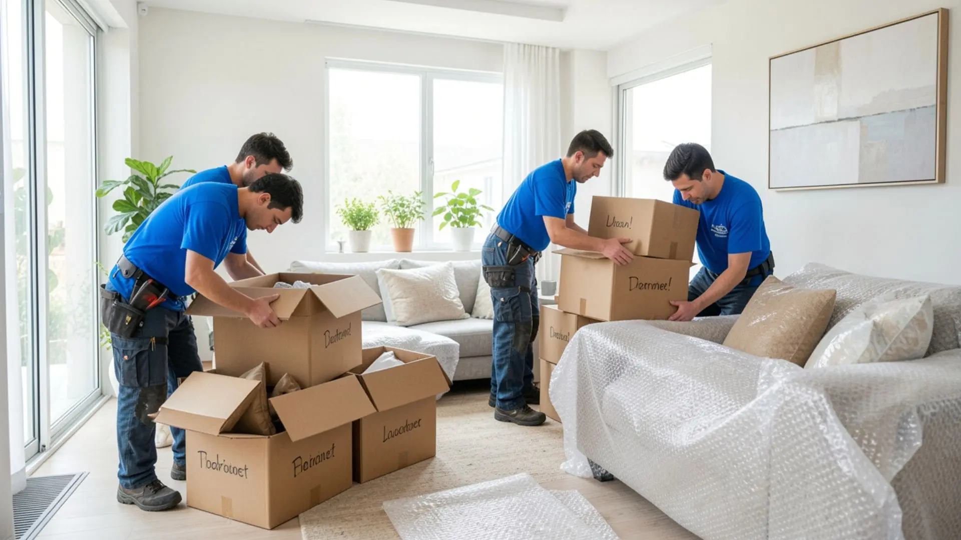 Professional packers and movers in Kolkata packing household goods safely inside home using boxes and bubble wrap