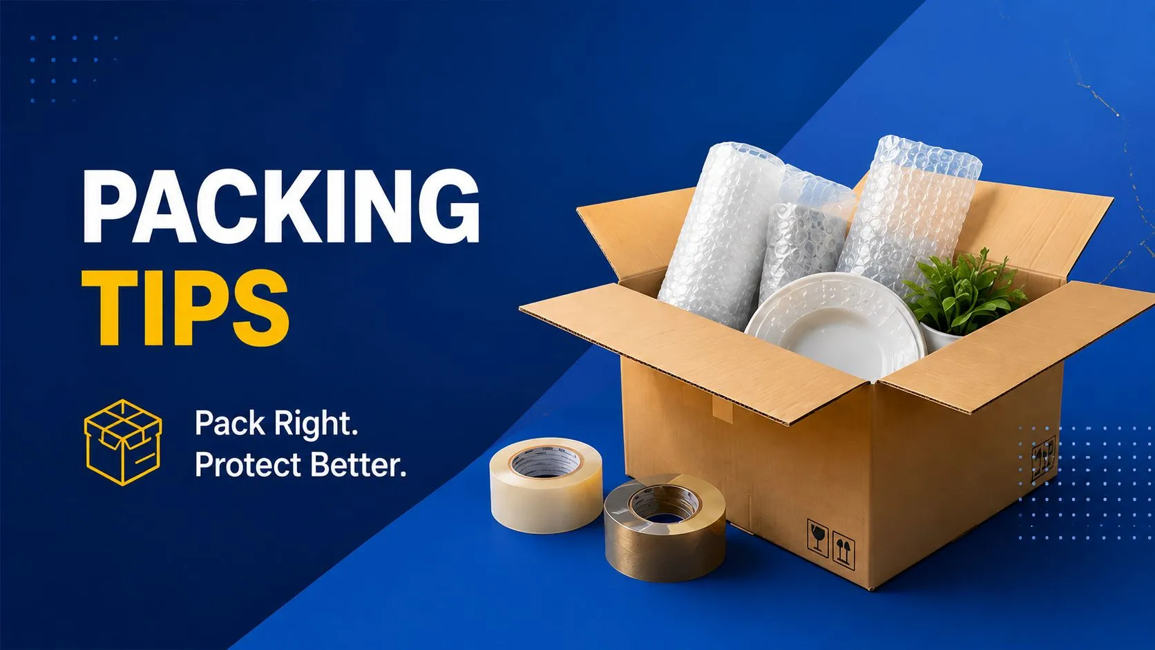 Packing tips for house shifting showing cartons, bubble wrap, packing materials, and organized relocation preparation.